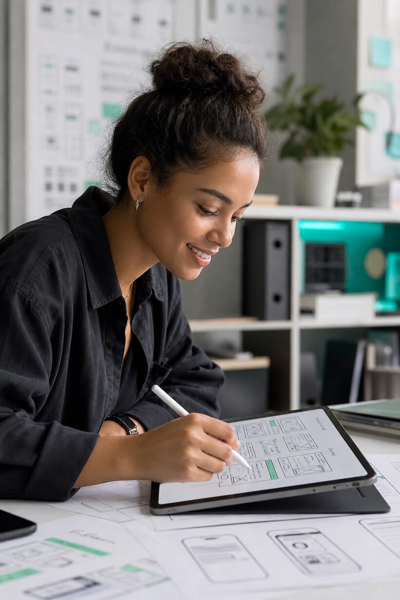 A product designer sketching interface wireframes
